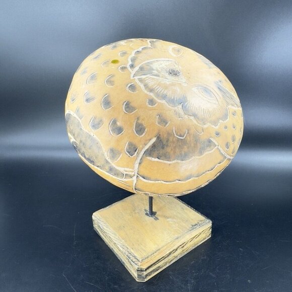 Peruvian Hand Carved Gourd On Wood Stand Leoncio Veli Peru Hand Made Sculpture - Picture 14 of 16